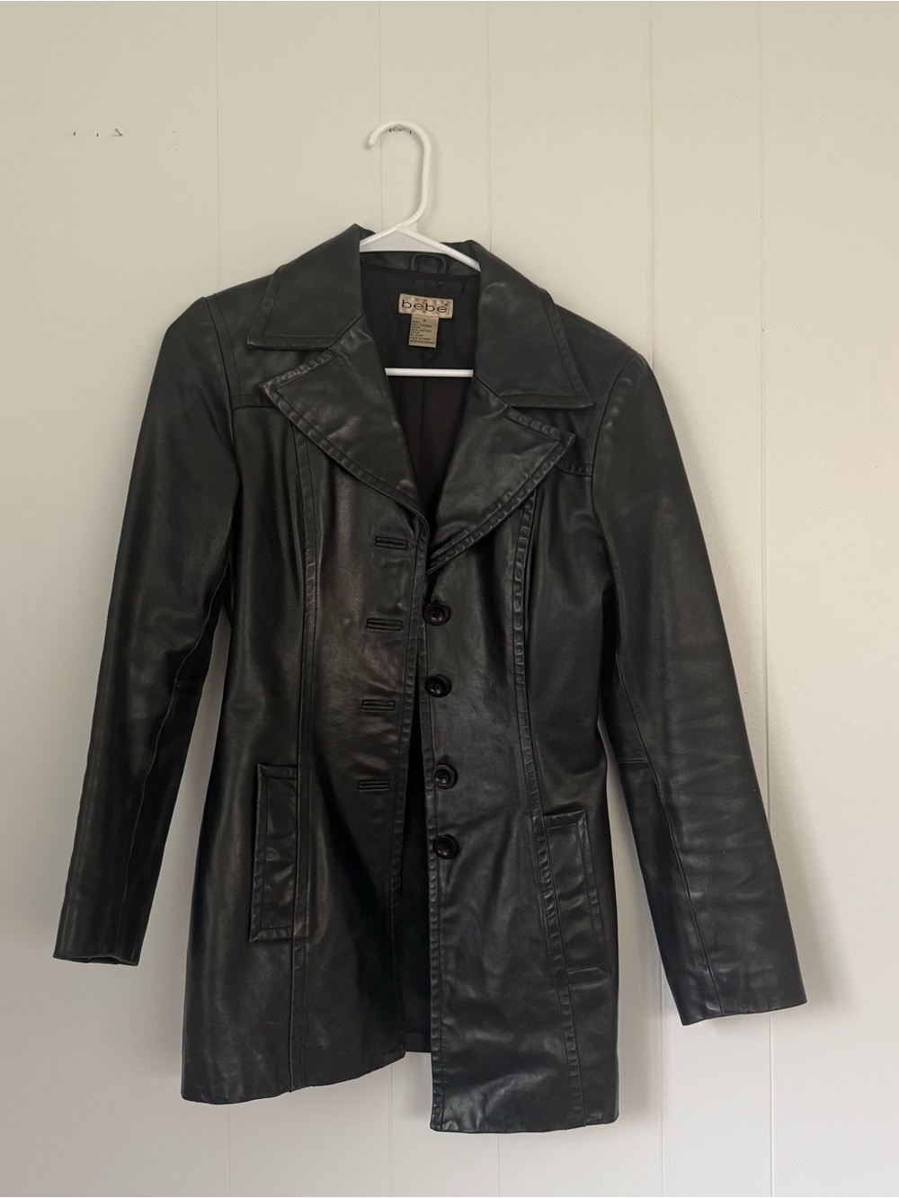 bebe Black Leather Button-Front Coat Jacket